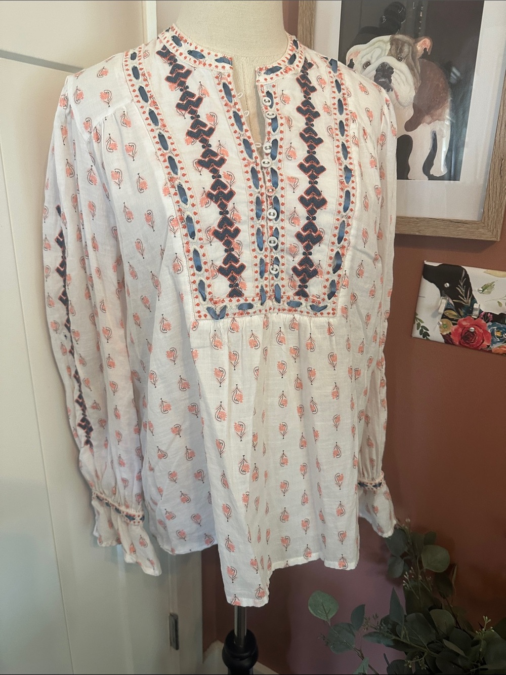Sundance Great Gallery Embroidered Peasant cotton M boho ruffled cuffs Blouse - Picture 2 of 15